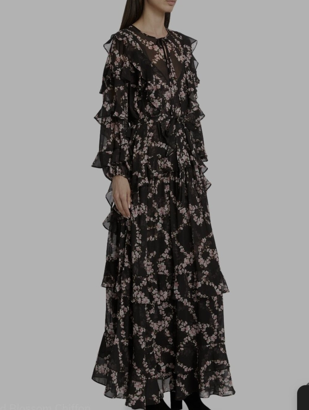 Misa Los Angeles Black Chiffon Maxi Dress with Pink Floral Print